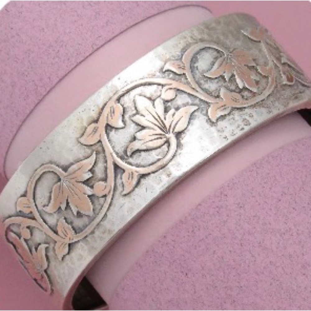 Antique Art Nouveau Arts & Crafts French Silver & Rose Gold Hammered Bracelet
